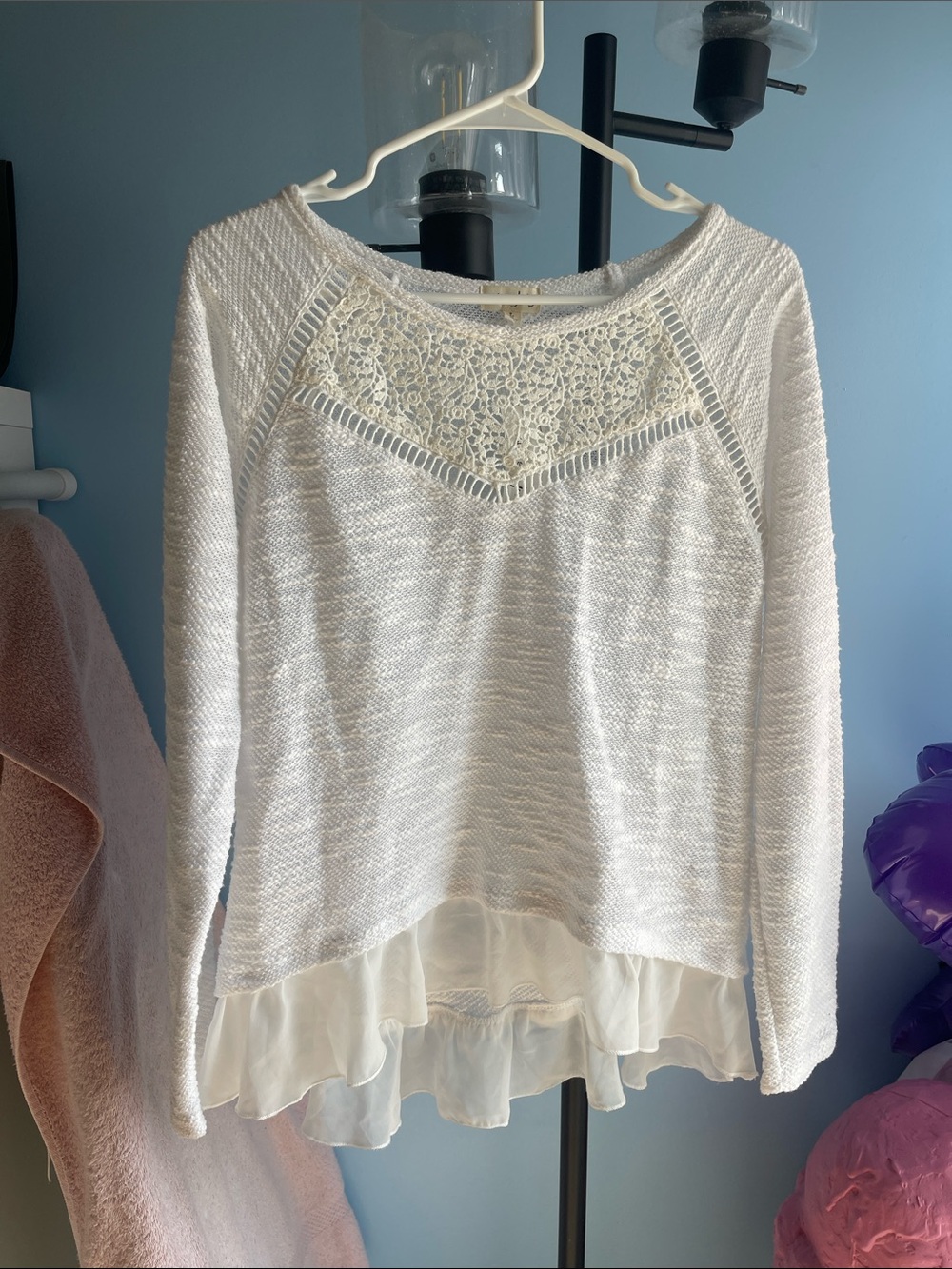 Maison Jules Cream Lace-Yoke Pullover with Chiffon Ruffle Hem
